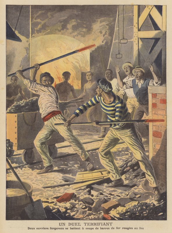 Un duelo terrorífico (litografía en color) de French School