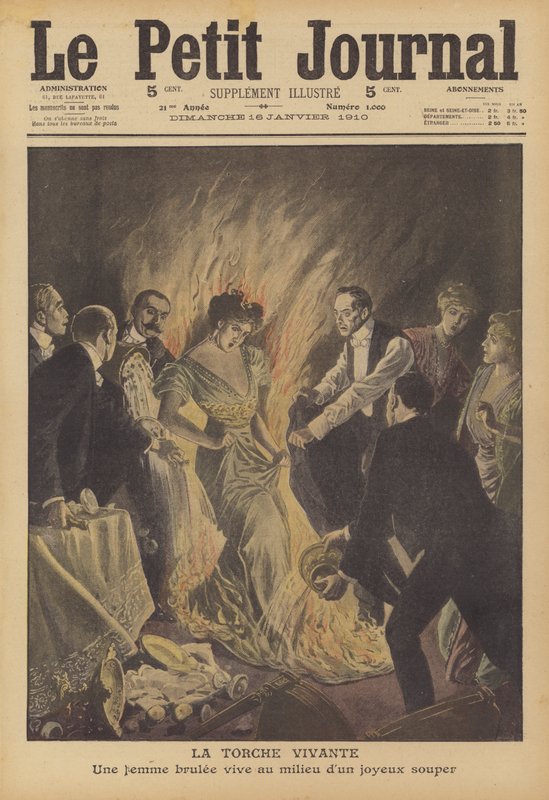 Una mujer se prende fuego accidentalmente durante una cena de Año Nuevo en un restaurante de Nueva York (litografía en color) de French School