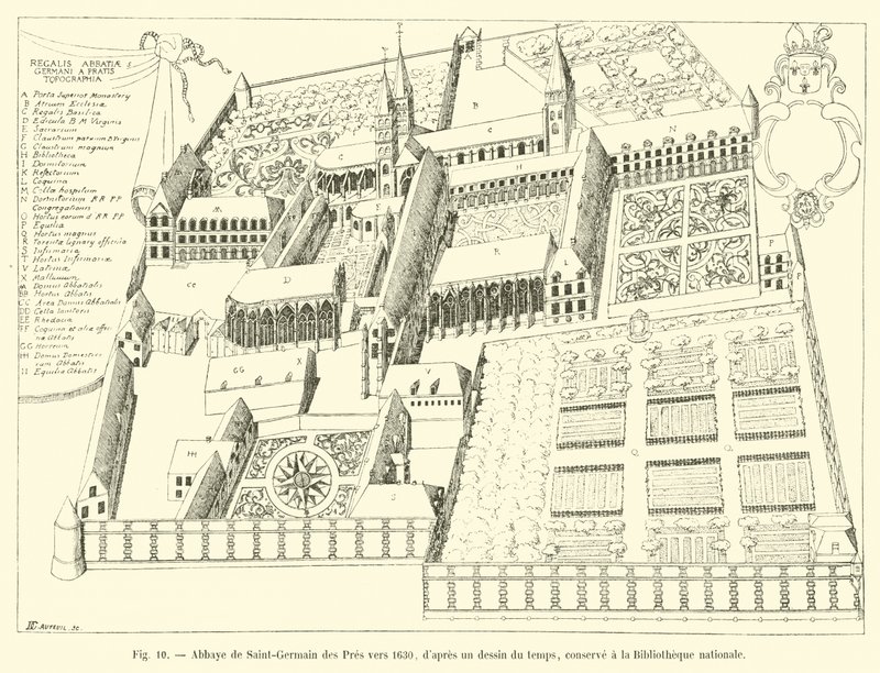 Abadía de Saint-Germain des Pres hacia 1630, según un dibujo de la época, conservado en la Biblioteca Nacional de French School