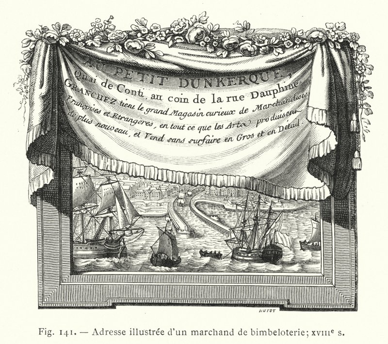 Dirección ilustrada de un comerciante de baratijas; siglo XVIII de French School