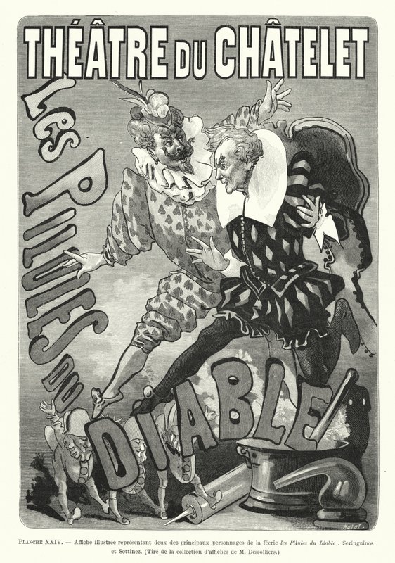 Afiche ilustrado representando a dos de los principales personajes de la fantasía Las píldoras del diablo, Seringuinos y Sottinez de French School