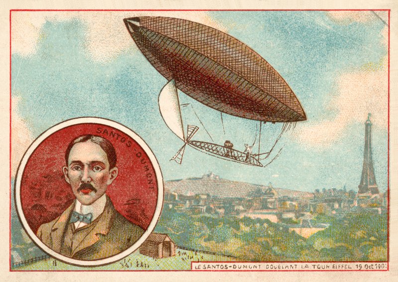 El dirigible de Alberto Santos-Dumont volando alrededor de la Torre Eiffel, París de French School