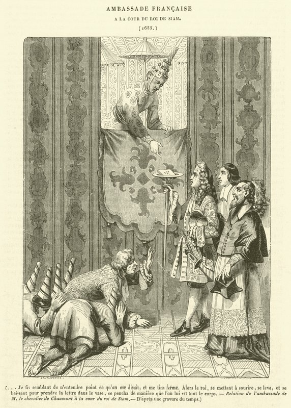 Embajada francesa, en la Corte del Rey de Siam (grabado) de French School