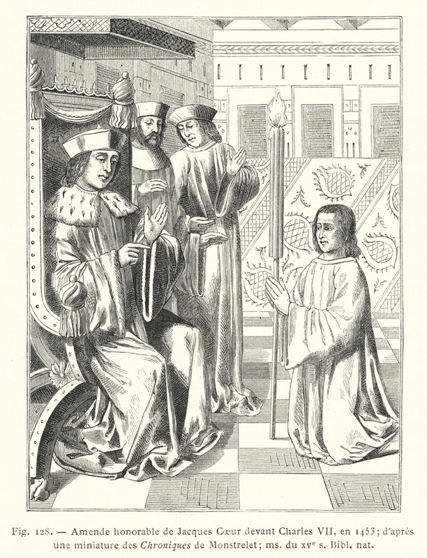 Enmienda honorable de Jacques Coeur ante Carlos VII, en 1453; según una miniatura de las Crónicas de Monstrelet; manuscrito del siglo XV, Biblioteca Nacional de French School