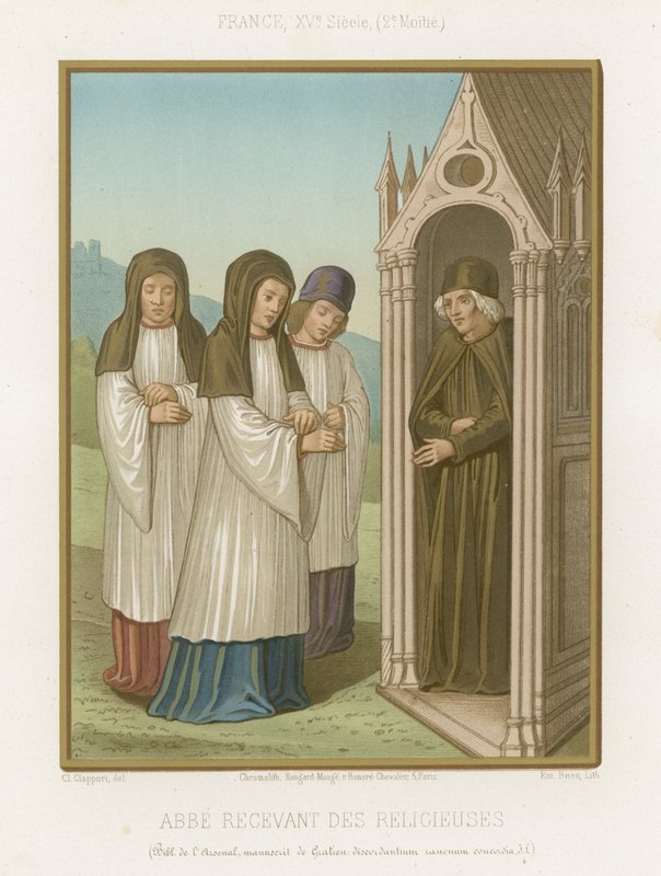 Un abad saludando a los monjes en la puerta de la abadía de French School