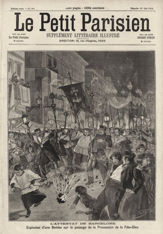 Ataque con bomba anarquista en la procesión del Corpus Christi saliendo de la Iglesia de Santa María, Barcelona, España de French School