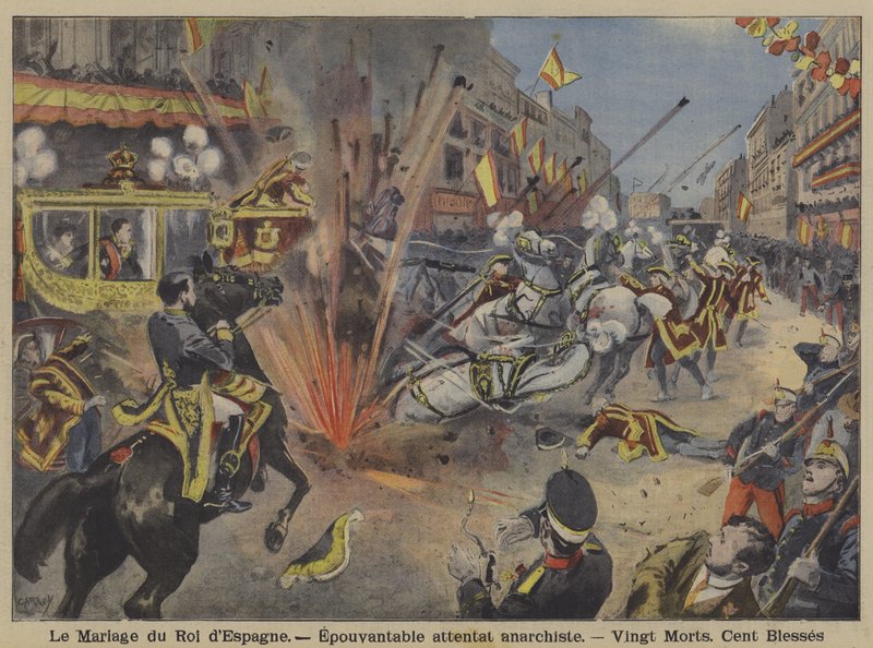 Ataque con bomba anarquista en la procesión de bodas del Rey Alfonso XIII y la Reina Victoria Eugenia de Battenberg en Madrid de French School