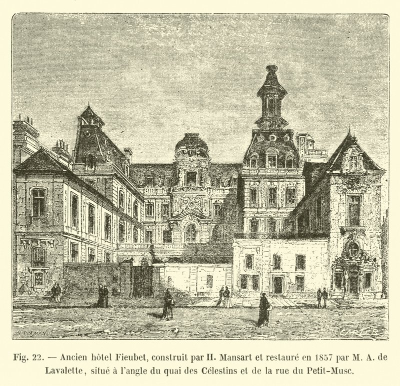 Antiguo hotel Fieubet, construido por H. Mansart y restaurado en 1857 por M. A. de Lavalette, situado en la esquina del muelle de los Celestinos y de la calle del Petit-Musc de French School