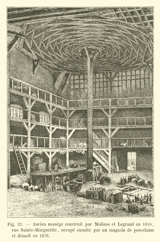 Antiguo picadero construido por Molinos y Legrand en 1810, calle Sainte-Marguerite, ocupado luego por una tienda de porcelana y demolido en 1876 de French School