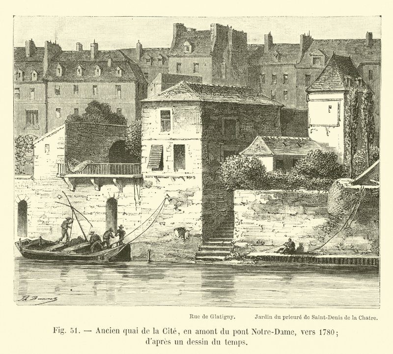 Antiguo muelle de la Cité, aguas arriba del puente Notre-Dame, hacia 1780; según un dibujo de la época de French School