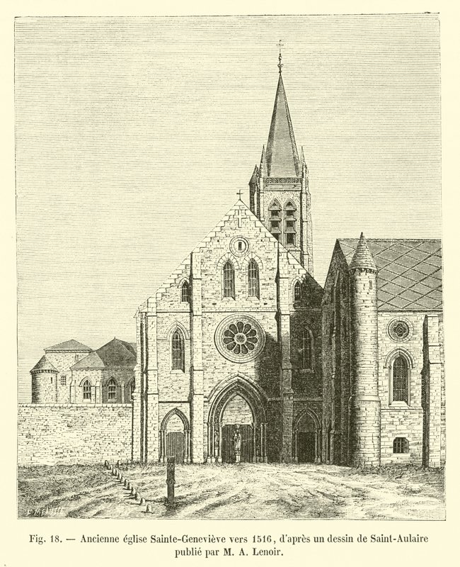 Antigua iglesia Sainte-Genevieve hacia 1516, según un dibujo de Saint-Aulaire publicado por M. A. Lenoir de French School