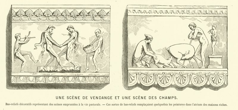 Bajorrelieves romanos antiguos que representan una cosecha de uvas y una escena en los campos de French School