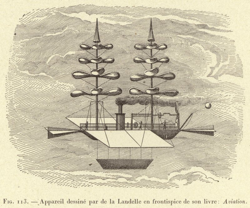 Aparato diseñado por de la Landelle en el frontispicio de su libro: Aviación de French School