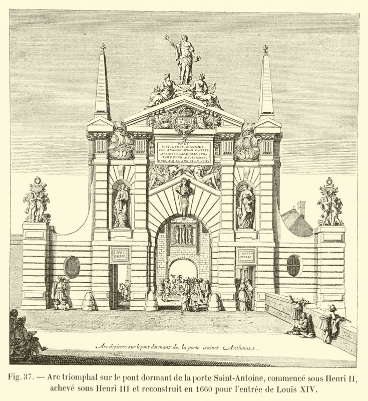 Arco triunfal en el puente dormido de la puerta Saint-Antoine, comenzado bajo Enrique II, terminado bajo Enrique III y reconstruido en 1660 para la entrada de Luis XIV de French School