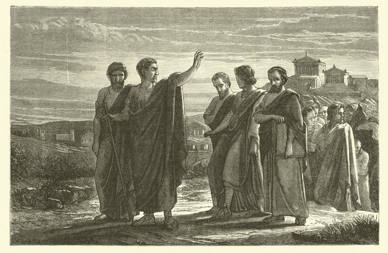 Aristóteles exiliado de Atenas con sus discípulos (grabado) de French School
