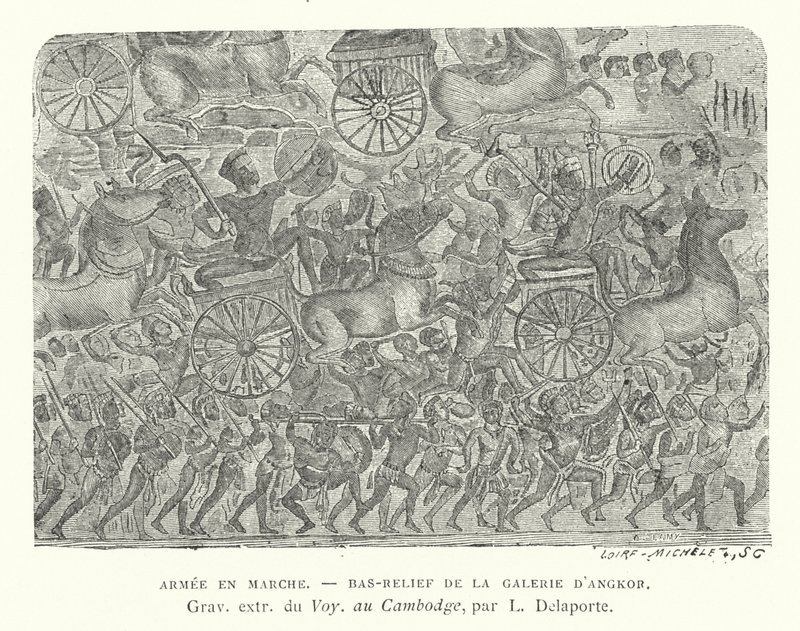Ejército en marcha, bajorrelieve de Angkor, Camboya (grabado) de French School
