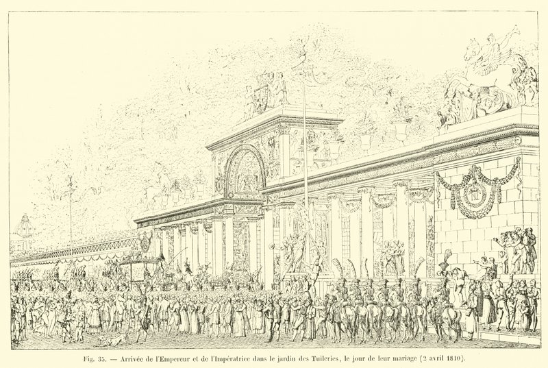 Llegada del Emperador y la Emperatriz al jardín de las Tullerías, el día de su boda, 2 de abril de 1810 de French School