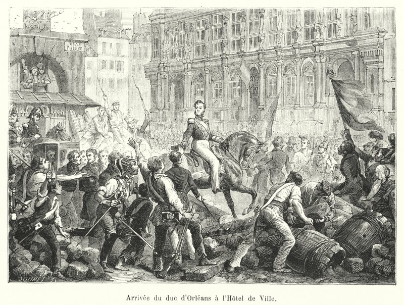 Llegada del duque de Orleans al Hôtel de Ville (grabado) de French School