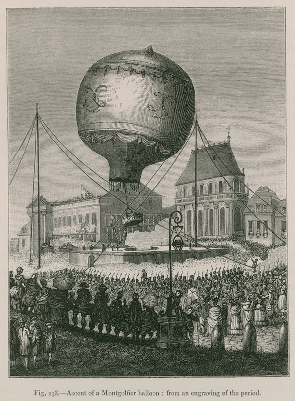 Ascenso de un globo Montgolfier; de un grabado de la época de French School