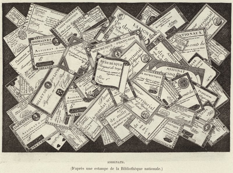 Assignats, moneda de la Revolución Francesa (grabado) de French School