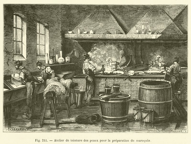 Taller de teñido de pieles para la preparación del marroquín de French School