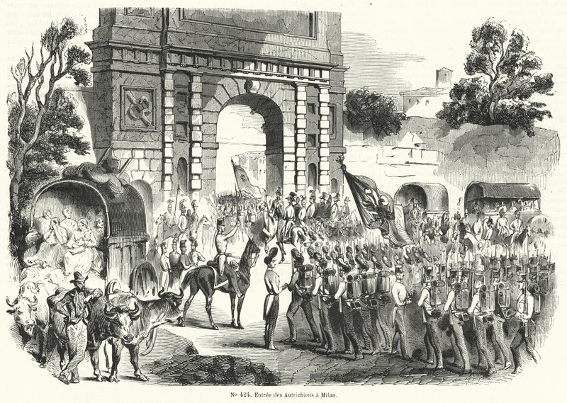 Tropas austriacas entrando en Milán, Italia, 6 de agosto de 1848 (grabado) de French School