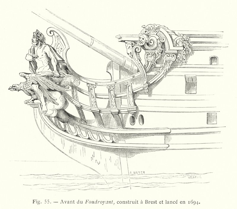Proa del Foudroyant, construido en Brest y lanzado en 1694 de French School