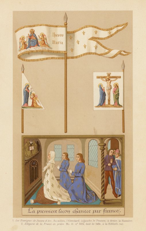 Estandartes de Juana de Arco y alegoría de Francia en oración (chromolitho) de French School