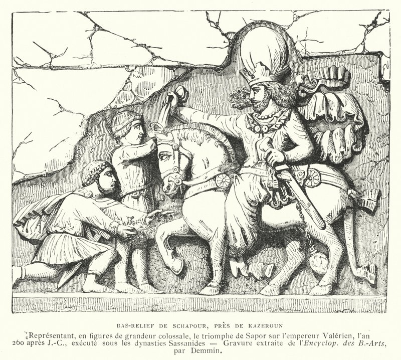 Bajorrelieve cerca de Kazerun, Irán, que representa la victoria del rey sasánida Shapur I sobre el emperador romano Valeriano en la Batalla de Edesa, 260 de French School