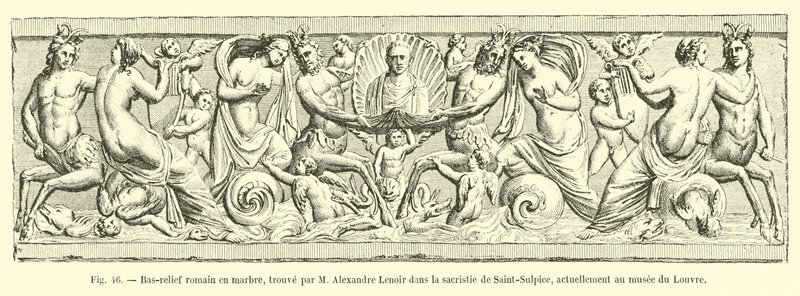Bajorrelieve romano en mármol, encontrado por M Alexandre Lenoir en la sacristía de Saint-Sulpice, actualmente en el museo del Louvre de French School