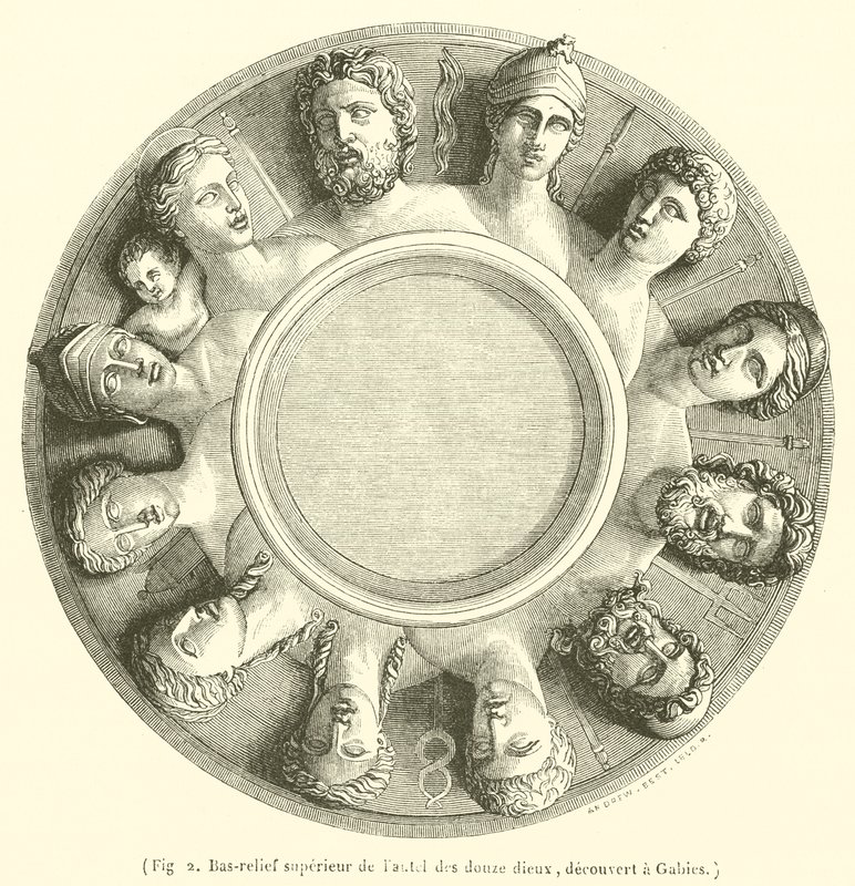 Bajorrelieve superior del altar de los doce dioses, descubierto en Gabies (grabado) de French School