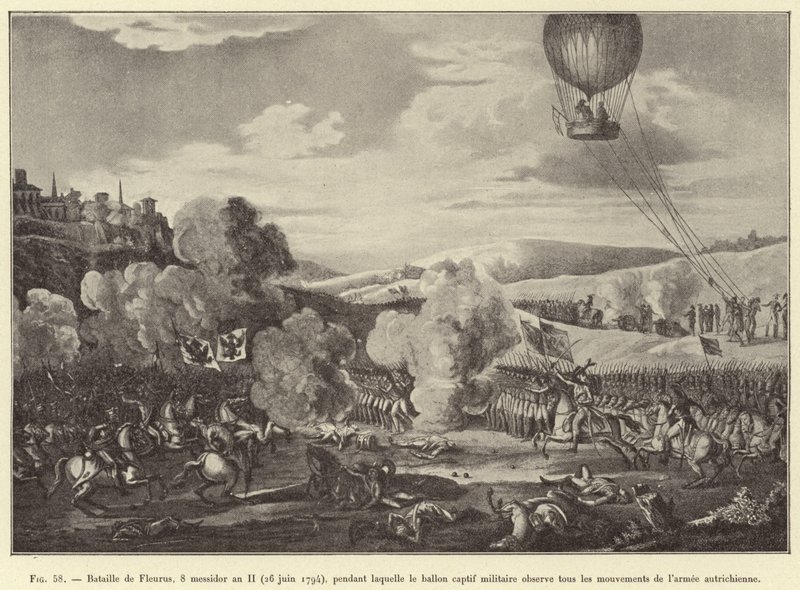 Batalla de Fleurus, 8 mesidor año II (26 junio 1794), durante la cual el globo cautivo militar observa todos los movimientos del ejército austríaco de French School