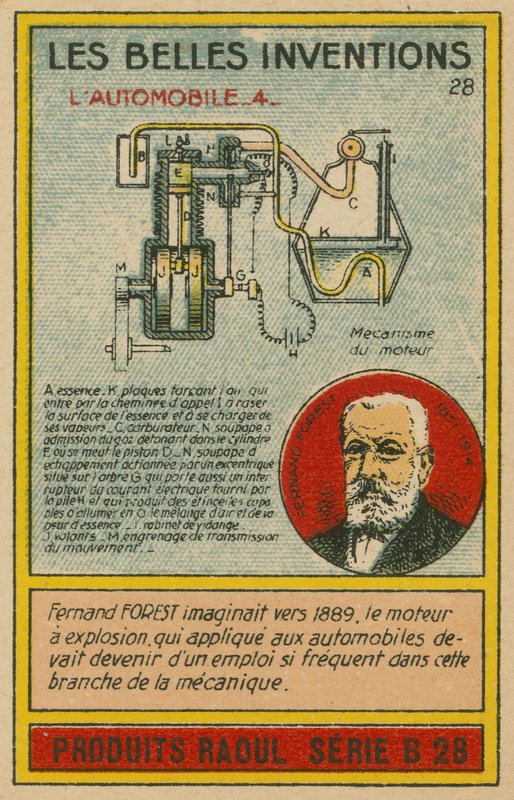 Tarjeta de inventos hermosos, motor de combustión de French School
