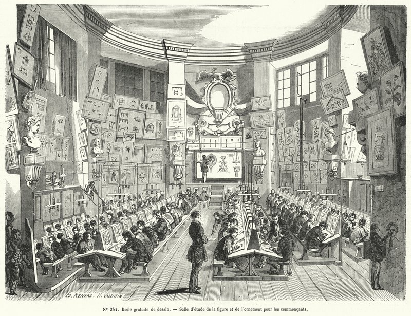 Clase de principiantes en una escuela gratuita de dibujo, Francia (grabado) de French School