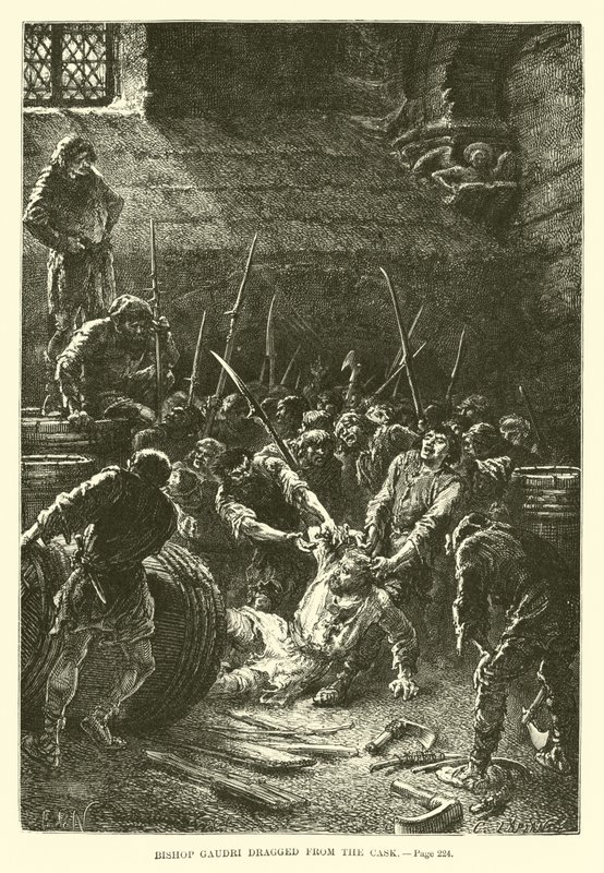El obispo Gaudri arrastrado desde el barril de French School