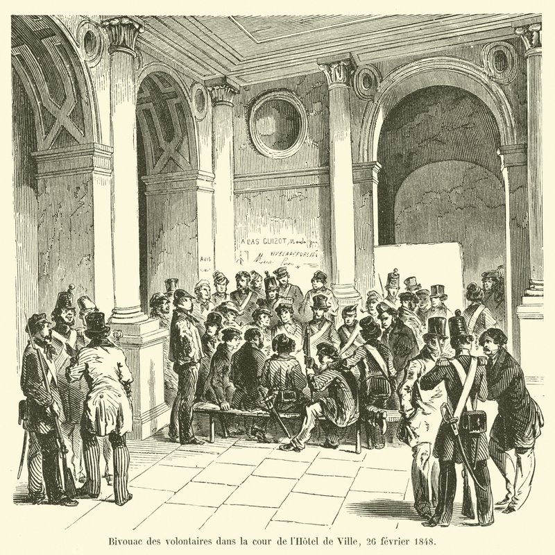 Bivouac de los voluntarios en el patio del Hôtel de Ville, 26 de febrero de 1848 de French School