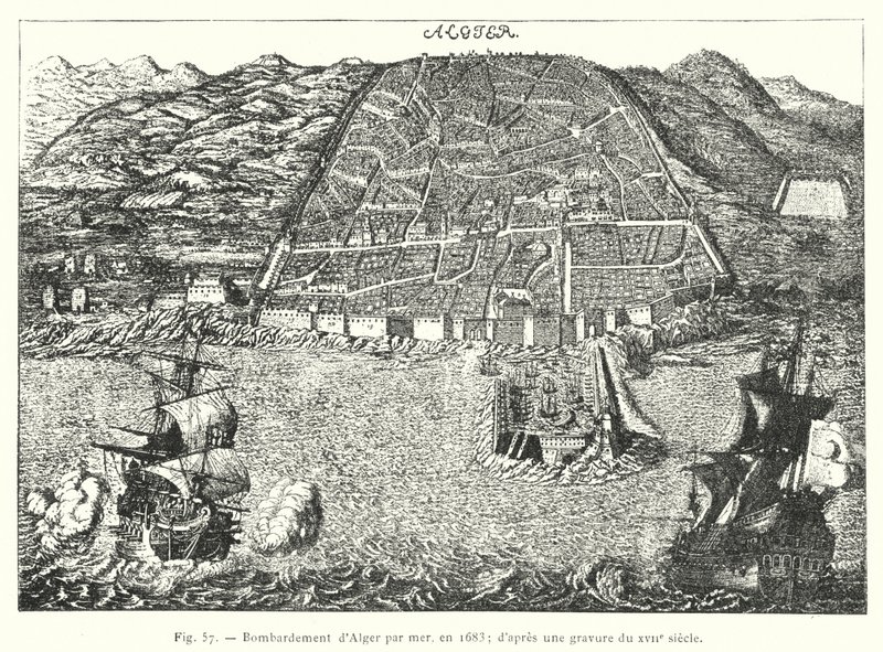 Bombardeo de Argel por mar, en 1683; según un grabado del siglo XVII de French School