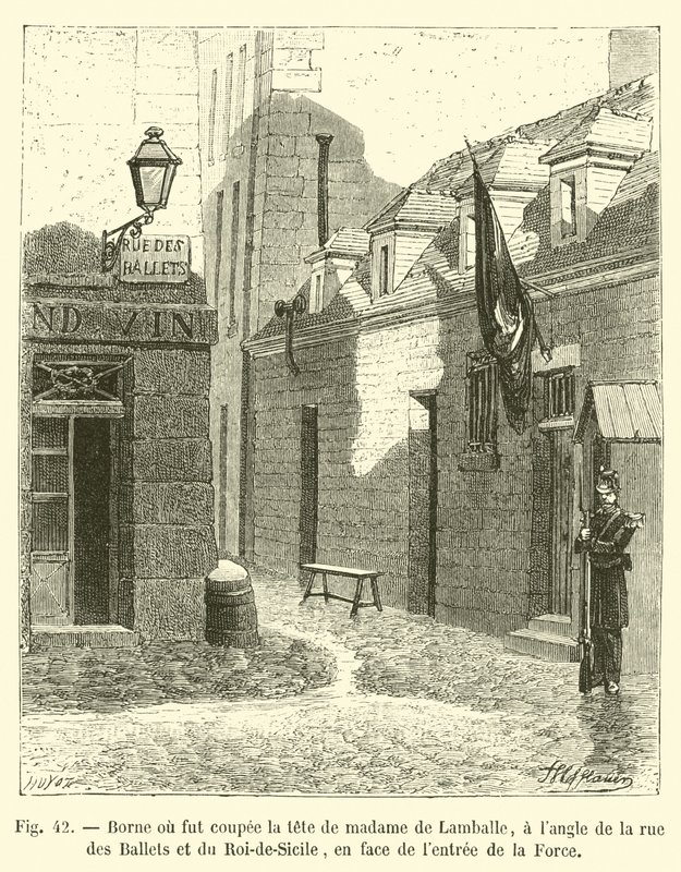 Lugar donde fue decapitada Madame de Lamballe, en la esquina de la rue des Ballets y del Roi-de-Sicile, frente a la entrada de la Force de French School