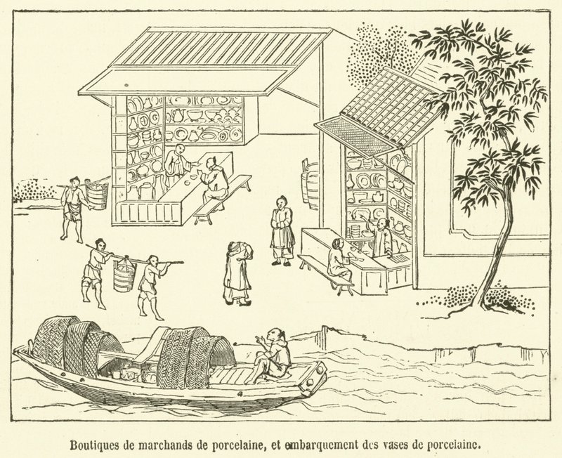 Tiendas de comerciantes de porcelana y embarque de jarrones de porcelana de French School