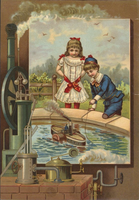 Niño demostrando barco de vapor de juguete a niña de French School