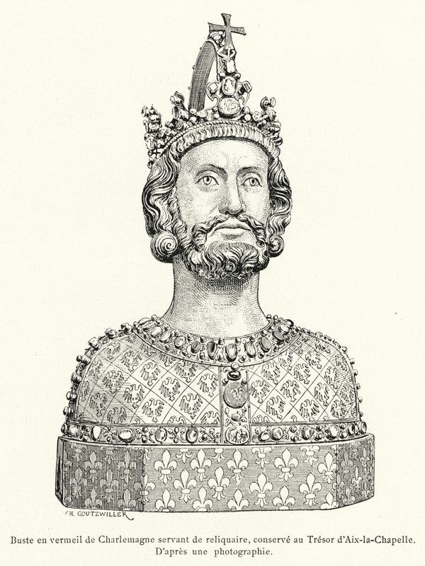 Busto de plata dorada de Carlomagno usado como relicario, conservado en el Tesoro de Aquisgrán de French School