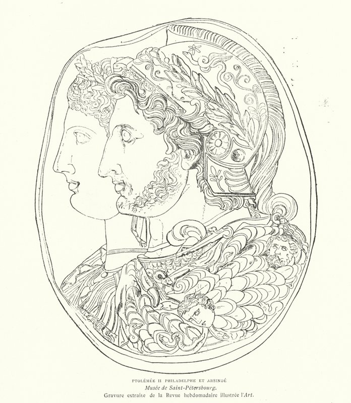 Camafeo del faraón egipcio Ptolomeo Filadelfo y su esposa Arsinoe, siglo III a.C. (grabado) de French School