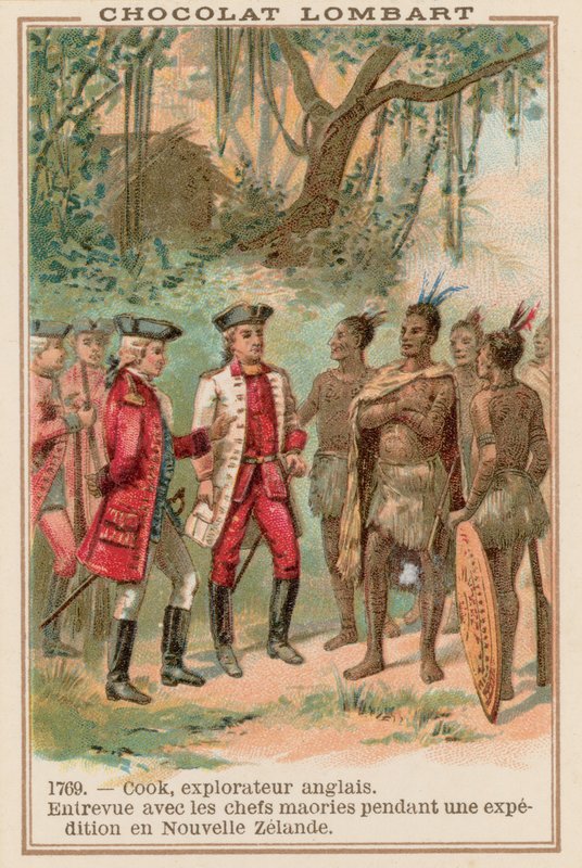 El capitán James Cook reuniéndose con jefes maoríes en Nueva Zelanda, 1769 de French School