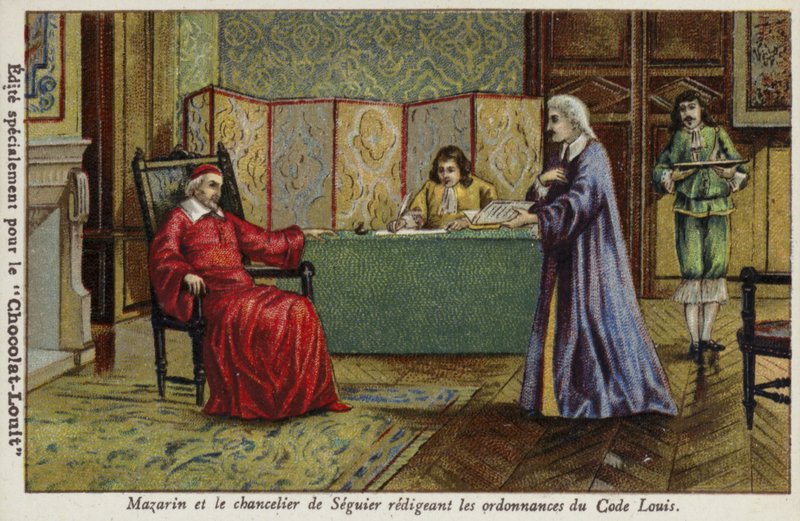 El cardenal Mazarino y el canciller Seguier redactando las ordenanzas del Código Luis de French School