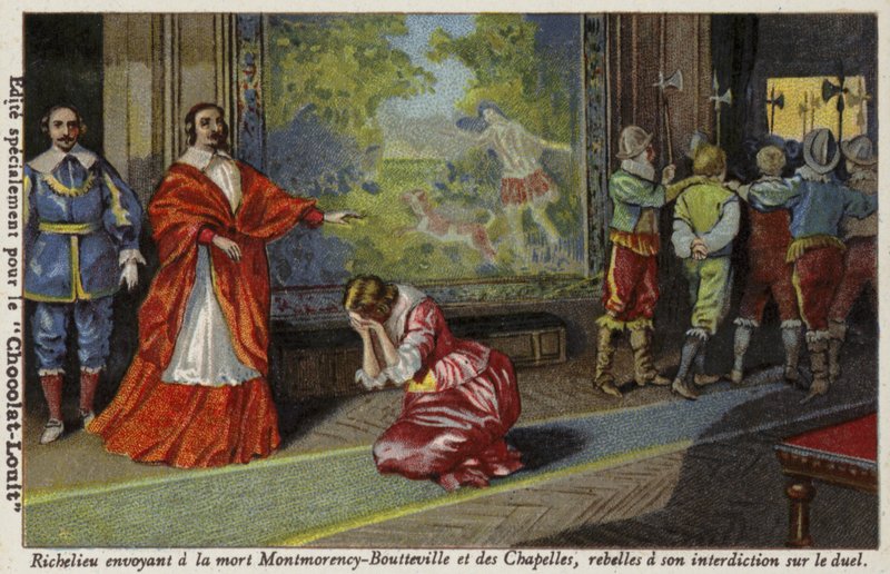 El cardenal Richelieu enviando a François de Montmorency-Bouteville y al conde de Chapelles a ser ejecutados por desafiar su prohibición de los duelos, 1627 de French School