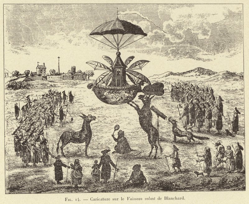 Caricatura sobre el Barco volador de Blanchard de French School