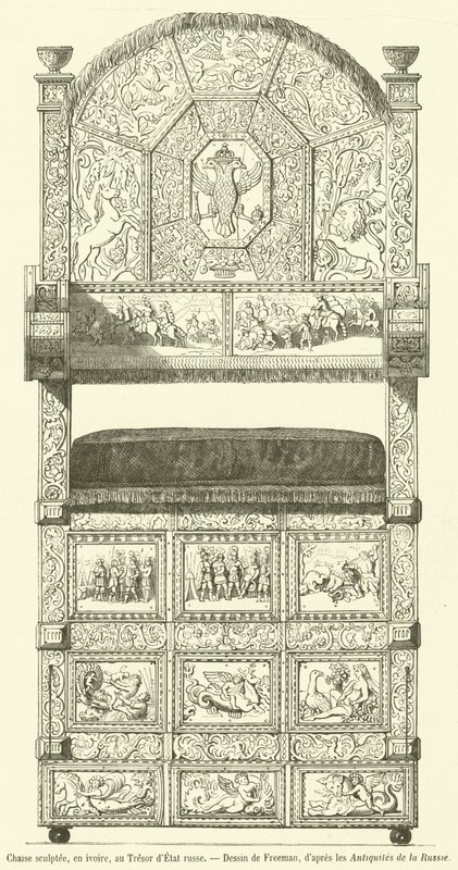Silla esculpida en marfil, en el Tesoro del Estado ruso de French School