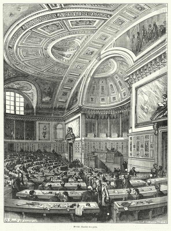 Cámara de los Pares, cámara alta del parlamento francés desde 1814 hasta su abolición tras la Revolución de 1848 (grabado) de French School