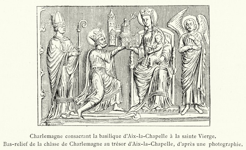 Carlomagno consagrando la basílica de Aquisgrán a la Virgen Santa, Bajorrelieve de la caza de Carlomagno en el tesoro de Aquisgrán (grabado) de French School