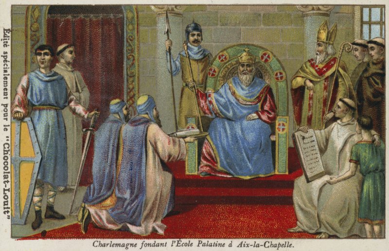 Carlomagno fundando la Escuela Palatina en Aquisgrán, finales del siglo VIII de French School